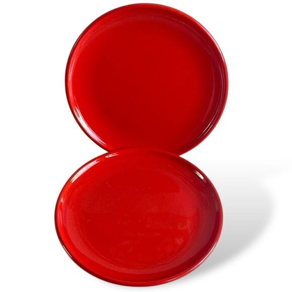 Vintage Bright Red Speckled Glaze 10” Stoneware Couple Dinner Plates - Picture 4 of 16